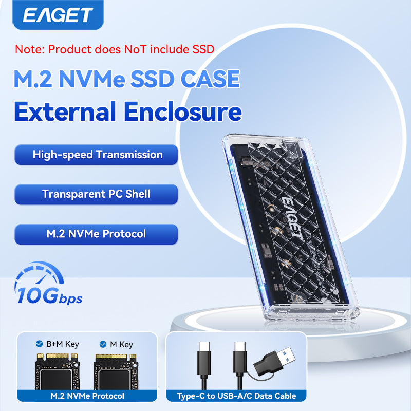 EAGET Dual Protocol M.2 NVMe/SATA SSD Enclosure Adapter - Supports 2230/2242/2260/2280 SSDs, Durable Transparent Shell with RGB Lighting(SSD Not Included)