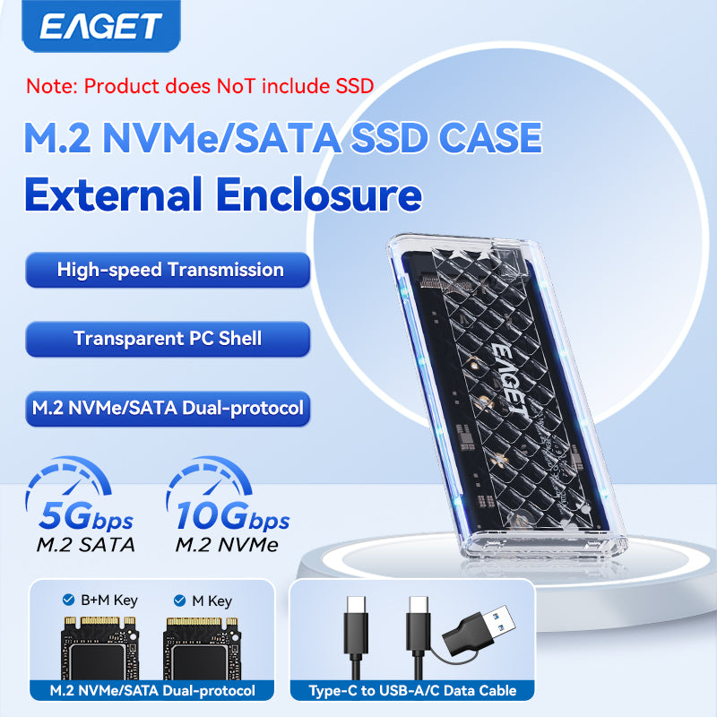 EAGET Dual Protocol M.2 NVMe/SATA SSD Enclosure Adapter - Supports 2230/2242/2260/2280 SSDs, Durable Transparent Shell with RGB Lighting(SSD Not Included)