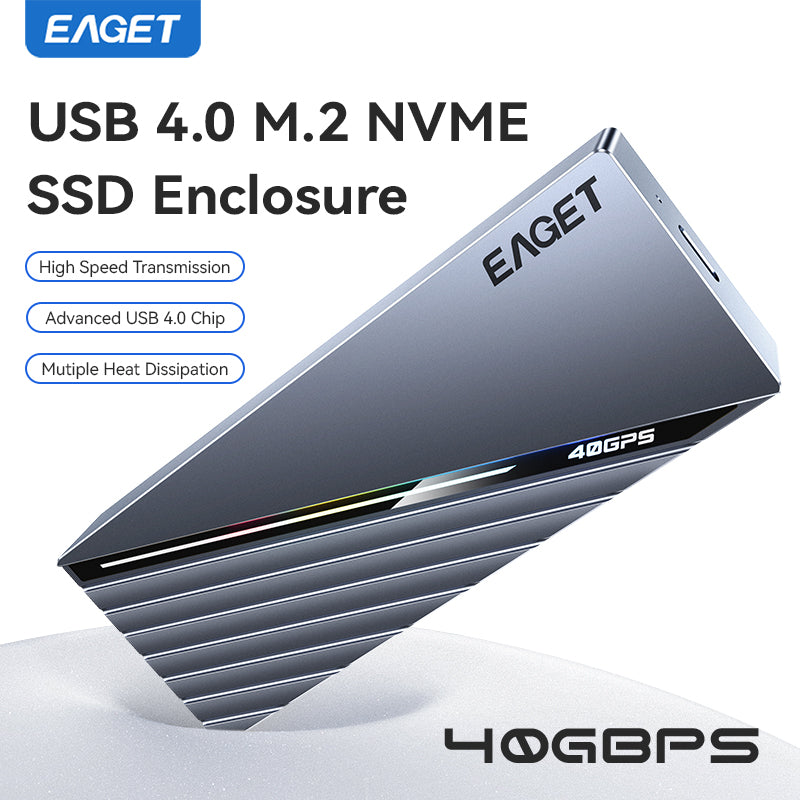 EAGET 40Gbps M.2 NVMe SSD Enclosure with Built-in Cooling Fan, Compatible with Thunderbolt 3/4, Support 2230 2242 2260 2280 (Only M Key)(SSD Not Include)