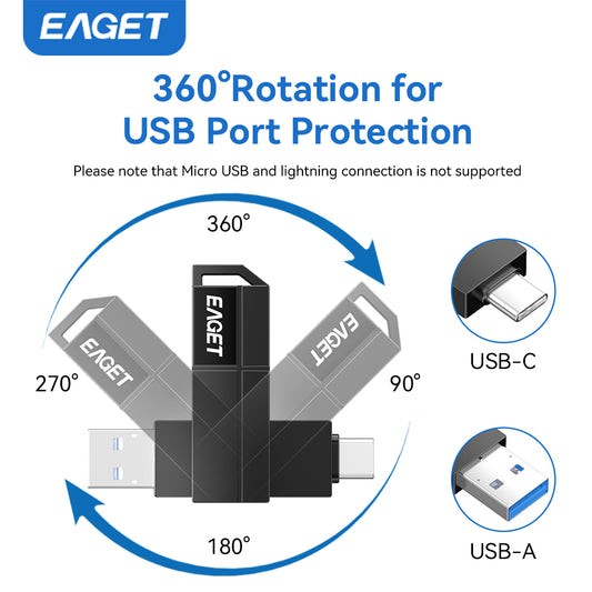 2-in-1 360° rotates USB3.2 Memory Stick, USB-A to Typc-C Flash Drive OTG Metal U Disk, High Speed Memory Stick Pen Drive 32GB/64GB128GB/256GB/512GB/1TB
