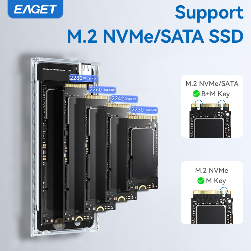 EAGET Dual Protocol M.2 NVMe/SATA SSD Enclosure Adapter - Supports 2230/2242/2260/2280 SSDs, Durable Transparent Shell with RGB Lighting(SSD Not Included)