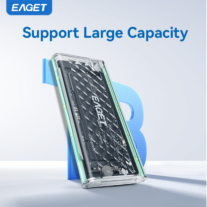 EAGET Dual Protocol M.2 NVMe/SATA SSD Enclosure Adapter - Supports 2230/2242/2260/2280 SSDs, Durable Transparent Shell with RGB Lighting(SSD Not Included)