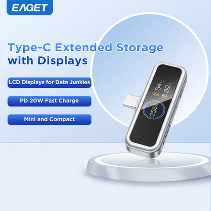 EAGET Type-C USB Flash Drive With Intelligent Digital Display, 128GB/256GB USB C Memory Stick, PD 20W Fast-Charging Secure Flash Drive with Smart LCD Display, APP Encryption & One-Click BackupFor iPhone 16/15, Easy Monitoring of USB Flash Drive Health