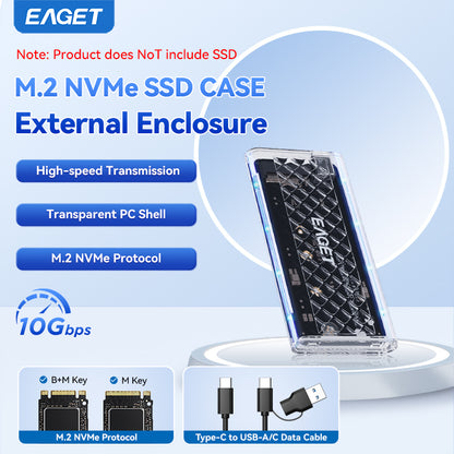EAGET Dual Protocol M.2 NVMe/SATA SSD Enclosure Adapter - Supports 2230/2242/2260/2280 SSDs, Durable Transparent Shell with RGB Lighting(SSD Not Included)