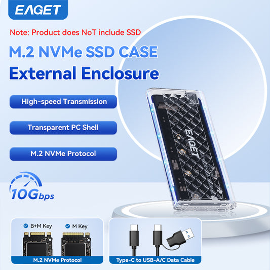 EAGET Dual Protocol M.2 NVMe/SATA SSD Enclosure Adapter - Supports 2230/2242/2260/2280 SSDs, Durable Transparent Shell with RGB Lighting(SSD Not Included)