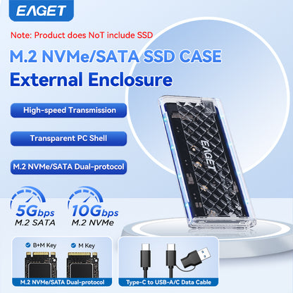 EAGET Dual Protocol M.2 NVMe/SATA SSD Enclosure Adapter - Supports 2230/2242/2260/2280 SSDs, Durable Transparent Shell with RGB Lighting(SSD Not Included)