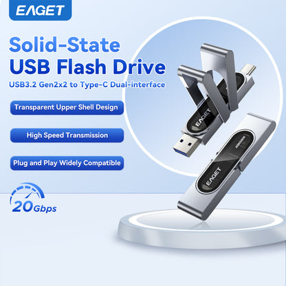 1TB/512GB Solid-State Flash Drive, 20Gbps High Speed Transmission, USB3.2 to Type-C Dual-interface