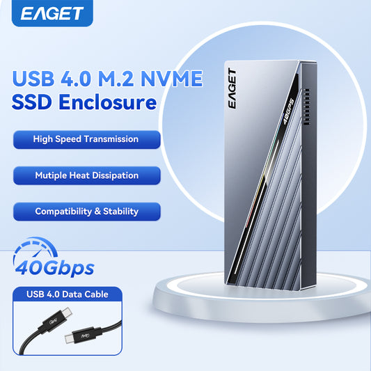 EAGET 40Gbps M.2 NVMe SSD Enclosure with Built-in Cooling Fan, Compatible with Thunderbolt 3/4, Support 2230 2242 2260 2280 (Only M Key)(SSD Not Include)