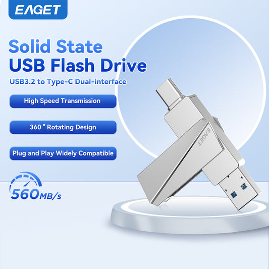 EAGET Dual-interface USB 3.2 Gen 2 to Type-C Solid State Flash Drive - High-Speed Portable External Hard Drive for iPhone 15/16/PS4/ Android Phone/ Tablet/ Windows