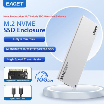 Ultra-thin SSD Enclosure | 6mm Thick, NVMe M.2 Adapter, Supports NVMe Interface Only, USB 3.2 Gen 2 (10 Gbps), Suitable for 2230/ 2242/ 2260/ 2280 Form Factor SSDs, Aluminum Alloy,  without SSD