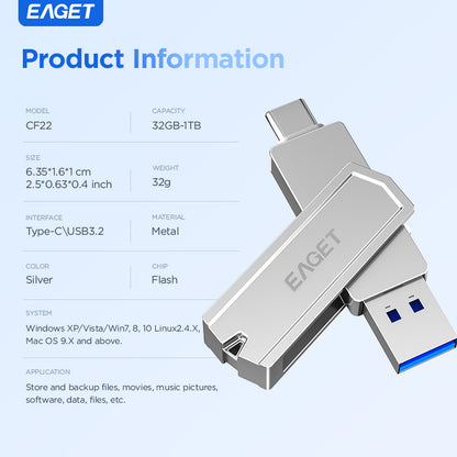 2-in-1 USB3.2 Flash Drive OTG Metal U Disk, 360° rotates USB Memory Stick, 32GB/64GB128GB/256GB/512GB/1TB High Speed Memory Stick Pen Drive, USB-A Or Typc-C Flash Drive Disk