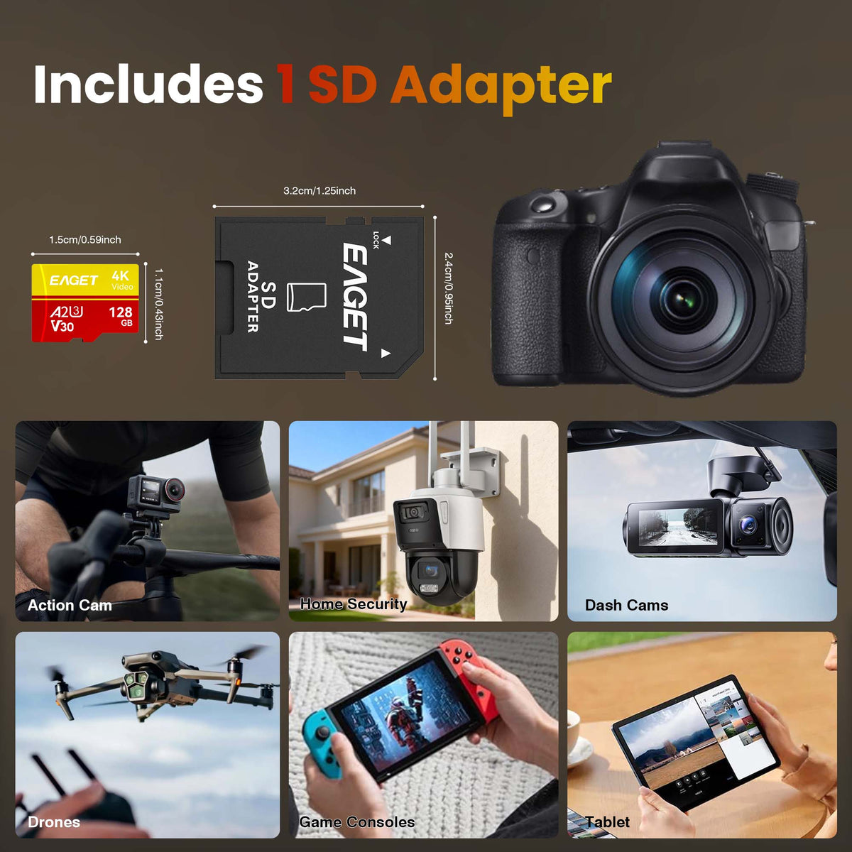 Micro SD Memory Card, A2 U3 V30, 64GB/128GB/256GB/512GB, Up to 160/100MB/s Read/Write, 4K UHD, UHS-I