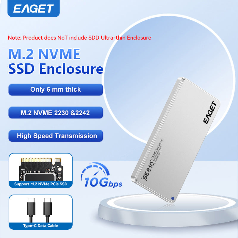 Ultra-thin SSD Enclosure | 6mm Thick, NVMe M.2 Adapter, Supports NVMe Interface Only, USB 3.2 Gen 2 (10 Gbps), Suitable for 2230/ 2242/ 2260/ 2280 Form Factor SSDs, Aluminum Alloy,  without SSD