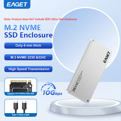 Ultra-thin SSD Enclosure | 6mm Thick, NVMe M.2 Adapter, Supports NVMe Interface Only, USB 3.2 Gen 2 (10 Gbps), Suitable for 2230/ 2242/ 2260/ 2280 Form Factor SSDs, Aluminum Alloy,  without SSD