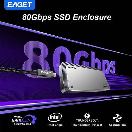 M.2 NVMe SSD 80Gbps Enclosure, Intel JHL9480, Three-Chip Solution, Intelligent Cooling System, Compatible with Thunderbolt 5/ 4/ 3 and USB 4.0 V2.0/ USB 4.0/ 3.2/ 3.1/ 3.0