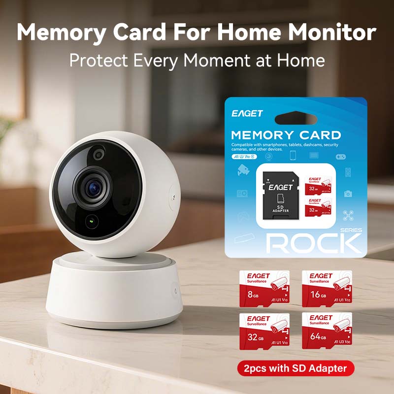 Micro SD Card with SD Adapter for Monitor, 128GB/256GB 1-Pack, 8GB/16GB/32GB/64GB 2-Pack, for surveillance applications such as yards and home security