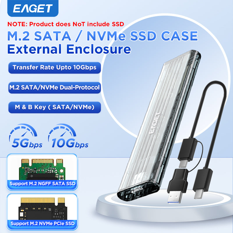 EAGET Portable M.2 SATA/NVME Dual-Protocol Enclosure Adapter, USB 3.2 + Type-C, 10Gbps Transfer Speed, Transparent Case, Supports 2230/2242/2260/2280 SSDs (SSD Not Included)