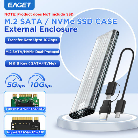 EAGET Portable M.2 SATA/NVME Dual-Protocol Enclosure Adapter, USB 3.2 + Type-C, 10Gbps Transfer Speed, Transparent Case, Supports 2230/2242/2260/2280 SSDs (SSD Not Included)