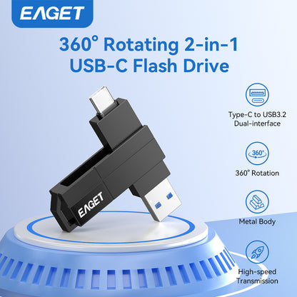 2-in-1 360° rotates USB3.2 Memory Stick, USB-A to Typc-C Flash Drive OTG Metal U Disk, High Speed Memory Stick Pen Drive 32GB/64GB128GB/256GB/512GB/1TB