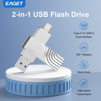 2-in-1 USB-A to Typc-C USB3.2 Flash Drive OTG Metal U Disk, 360° rotates USB Memory Stick, 32GB/64GB128GB/256GB/512GB/1TB High Speed Memory Stick Pen Drive