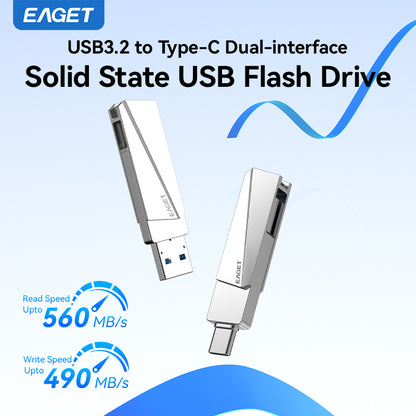 EAGET Dual-interface USB 3.2 Gen 2 to Type-C Solid State Flash Drive - High-Speed Portable External Hard Drive for iPhone 15/16/PS4/ Android Phone/ Tablet/ Windows