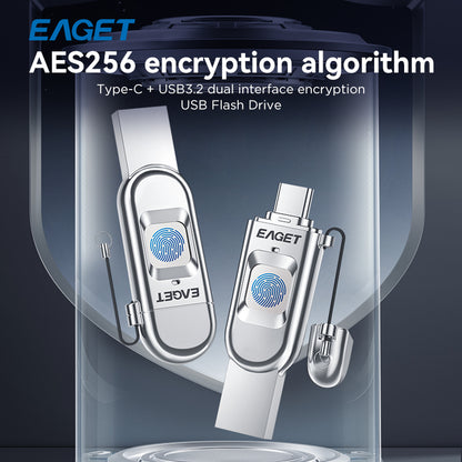 EAGET Fingerprint Encryption USB3.2 to Type-C Dual-interface Flash Drive, Public & Secure Disk Storage