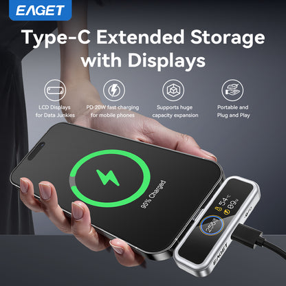 EAGET Type-C USB Flash Drive With Intelligent Digital Display, 128GB/256GB USB C Memory Stick, PD 20W Fast-Charging Secure Flash Drive with Smart LCD Display, APP Encryption & One-Click BackupFor iPhone 16/15, Easy Monitoring of USB Flash Drive Health