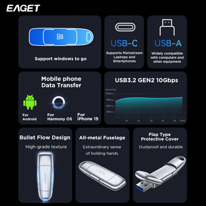 EAGET 512GB/1TB External SSD Solid State, USB 3.2 Type-C Flash Drive Disk, 1000MB/S Superior Ultra-speed Pen Drive