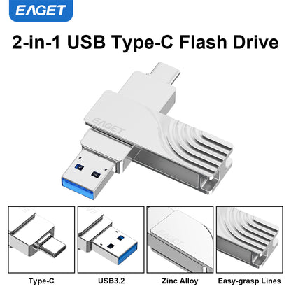 2-in-1 USB-A to Typc-C USB3.2 Flash Drive OTG Metal U Disk, 360° rotates USB Memory Stick, 32GB/64GB128GB/256GB/512GB/1TB High Speed Memory Stick Pen Drive