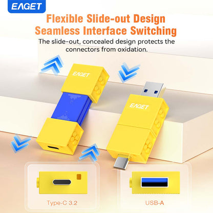 USB 3.2 Flash Drive 150Mb/S, Dual USB-A And Type-C, Thumb Drive Photo Stick, Push-Pull Design, 32/64/128/256GB Optional