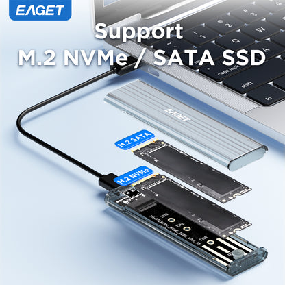EAGET Portable M.2 SATA/NVME Dual-Protocol Enclosure Adapter, USB 3.2 + Type-C, 10Gbps Transfer Speed, Transparent Case, Supports 2230/2242/2260/2280 SSDs (SSD Not Included)