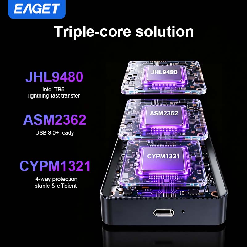 M.2 NVMe SSD 80Gbps Enclosure, Intel JHL9480, Three-Chip Solution, Intelligent Cooling System, Compatible with Thunderbolt 5/ 4/ 3 and USB 4.0 V2.0/ USB 4.0/ 3.2/ 3.1/ 3.0