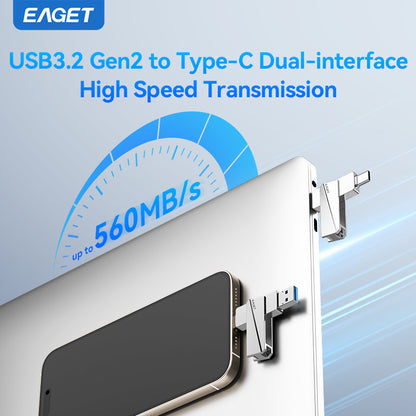 EAGET Dual-interface USB 3.2 Gen 2 to Type-C Solid State Flash Drive - High-Speed Portable External Hard Drive for iPhone 15/16/PS4/ Android Phone/ Tablet/ Windows