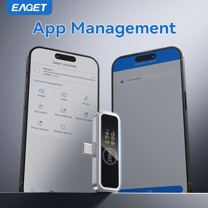 EAGET Type-C USB Flash Drive With Intelligent Digital Display, 128GB/256GB USB C Memory Stick, PD 20W Fast-Charging Secure Flash Drive with Smart LCD Display, APP Encryption & One-Click BackupFor iPhone 16/15, Easy Monitoring of USB Flash Drive Health