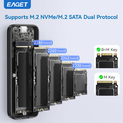 NVME & SATA M.2 SSD Enclosure Adapter, USB 3.2 Gen 2 (10 Gbps) to NVME PCIe SATA M-Key/(B+M) Key SSD External Enclosure Aluminum, Compatible with SSD 2230/2242/2260/2280