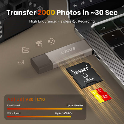 Micro SD Memory Card, A2 U3 V30, 64GB/128GB/256GB/512GB, Up to 160/100MB/s Read/Write, 4K UHD, UHS-I