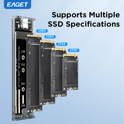 EAGET Portable M.2 SATA/NVME Dual-Protocol Enclosure Adapter, USB 3.2 + Type-C, 10Gbps Transfer Speed, Transparent Case, Supports 2230/2242/2260/2280 SSDs (SSD Not Included)