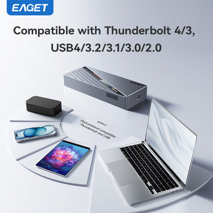 EAGET 40Gbps M.2 NVMe SSD Enclosure with Built-in Cooling Fan, Compatible with Thunderbolt 3/4, Support 2230 2242 2260 2280 (Only M Key)(SSD Not Include)