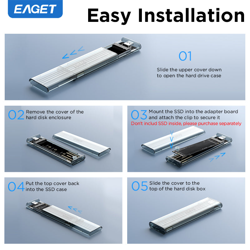 EAGET Portable M.2 SATA/NVME Dual-Protocol Enclosure Adapter, USB 3.2 + Type-C, 10Gbps Transfer Speed, Transparent Case, Supports 2230/2242/2260/2280 SSDs (SSD Not Included)