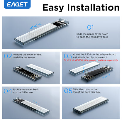 EAGET Portable M.2 SATA/NVME Dual-Protocol Enclosure Adapter, USB 3.2 + Type-C, 10Gbps Transfer Speed, Transparent Case, Supports 2230/2242/2260/2280 SSDs (SSD Not Included)