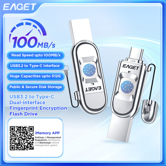 EAGET Fingerprint Encryption USB3.2 to Type-C Dual-interface Flash Drive, Public & Secure Disk Storage