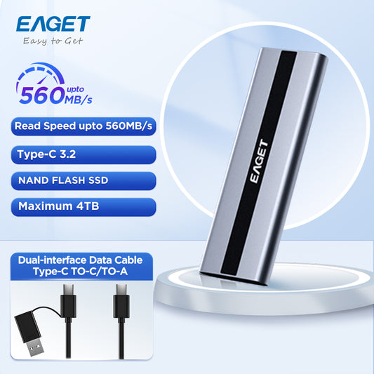 EAGET Portable Solid State Drives, 512G/1TB/2TB PSSD Type-c USB3.2 Read Speeds Up to 560MB/s, External Hard Drive Compatible Cell Phone Laptop