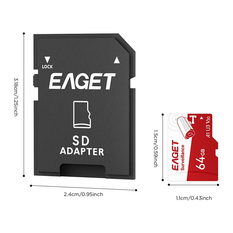 Micro SD Card with SD Adapter for Monitor, 128GB/256GB 1-Pack, 8GB/16GB/32GB/64GB 2-Pack, for surveillance applications such as yards and home security